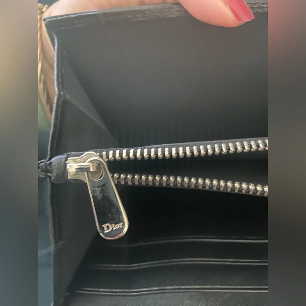 Authentic Dior Black Patent Leather Wallet Clutch with Fold-Over Design Silver